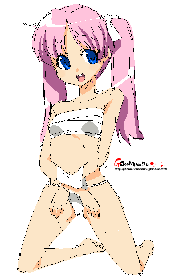 onija tarou, original, 1girl, bandages, barefoot, blue eyes, female focus, flat chest, fundoshi, japanese clothes, oekaki, pink hair, sarashi, simple background, solo, twintails, white background