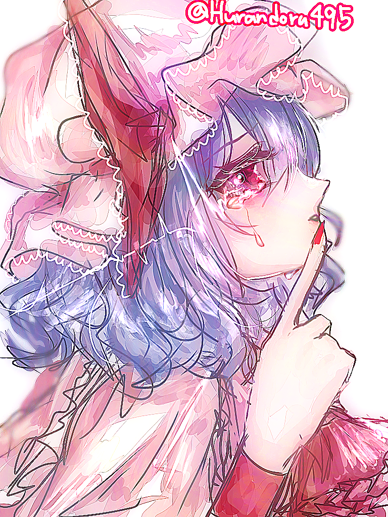 remilia scarlet, touhou, 1girl, artist name, crying, crying with eyes open, frilled hat, frills, from side, hair between eyes, hand up, hat, huranndoru495, medium hair, mob cap, nail polish, pink hat, pink shirt, purple hair, red eyes, red nails, shirt, simple background, solo, teardrop, tears, twitter username, white background, wrist cuffs