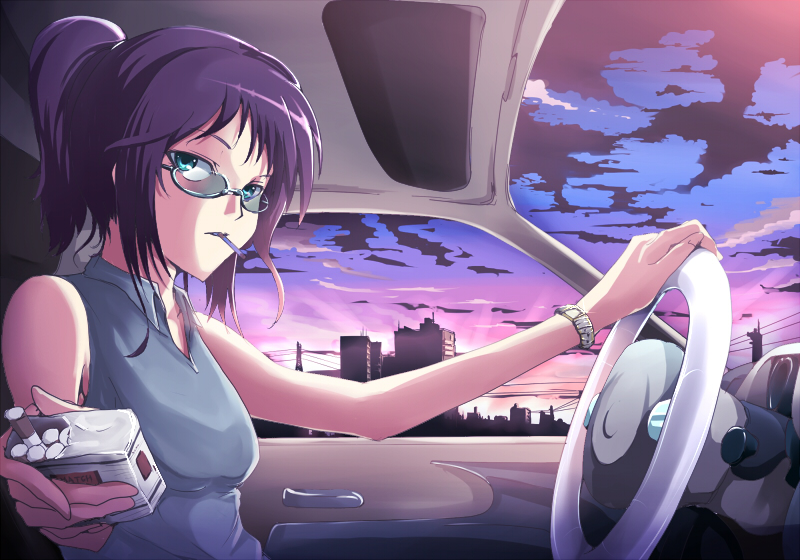 kasai shin, original, 1girl, building, cigarette, cigarette pack, city, cloud, driving, female focus, glasses, green eyes, purple hair, sky, skyscraper, smoking, solo, twilight