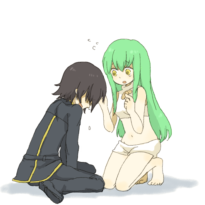 yukke, c.c., lelouch vi britannia, code geass, 00s, bandaid, barefoot, green hair, kneeling, long hair, tears