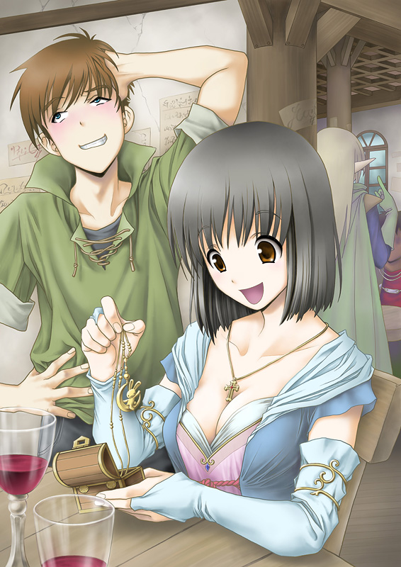 aritani mahoro, original, 1boy, 1girl, alcohol, arm behind head, bar (place), black hair, blush, breasts, bridal gauntlets, brown eyes, brown hair, cleavage, couple, cup, drinking glass, elbow gloves, fantasy, gift, gloves, grin, hetero, jewelry, medium breasts, pendant, pointy ears, short hair, smile, treasure chest, wine, wine glass