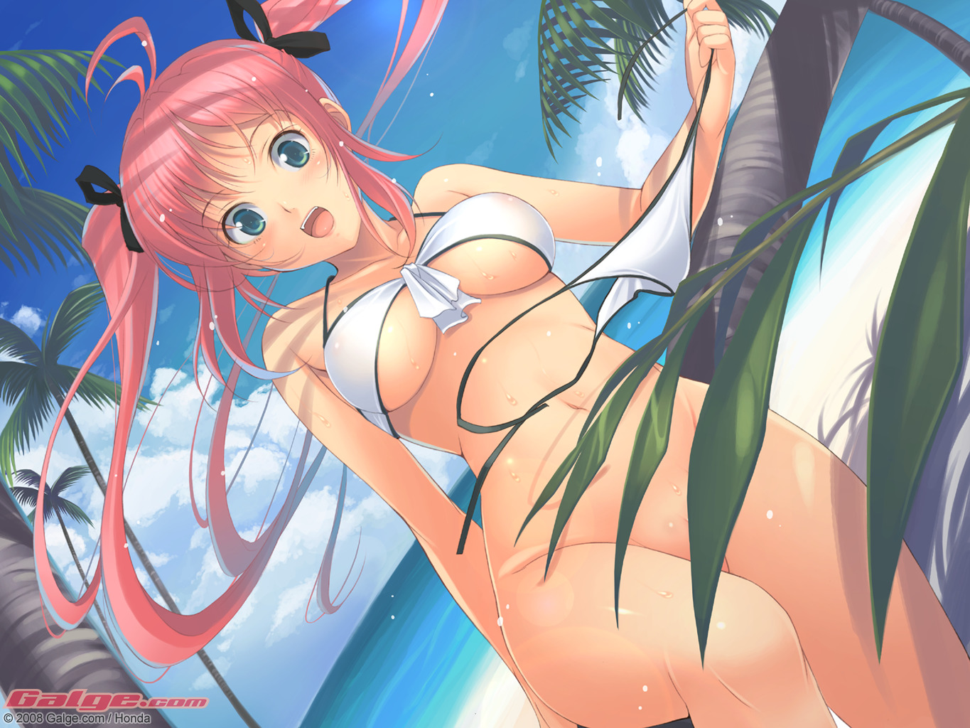 honda naoki, galge.com, original, 1girl, 2008, beach, bikini, blue eyes, bottomless, breasts, censored, convenient censoring, day, female focus, green eyes, hair ribbon, long hair, medium breasts, outdoors, palm tree, panties, pink hair, ribbon, side-tie bikini bottom, solo, swimsuit, tree, twintails, underboob, underwear, untied bikini, unworn bikini bottom, wet, white bikini