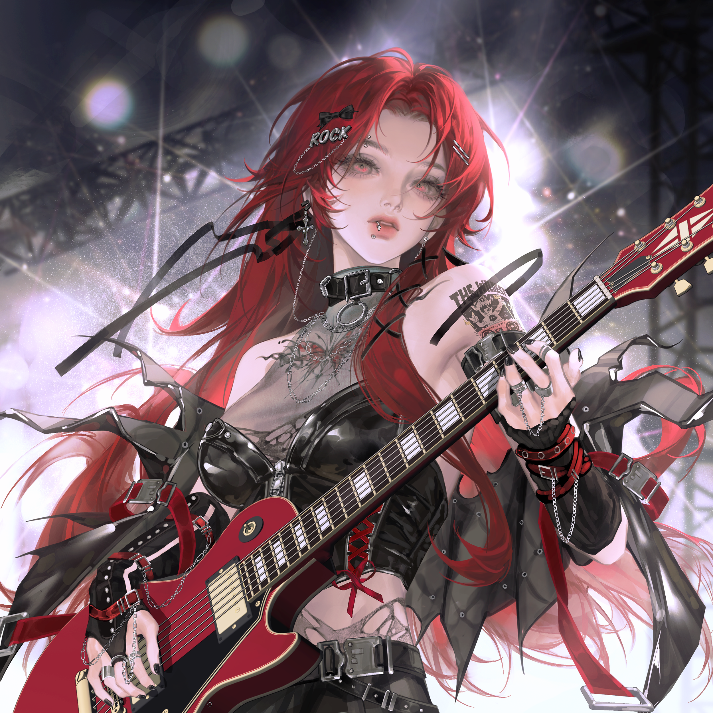 gloriash, original, absurdres, highres, 1girl, bare shoulders, belt, black jacket, black nails, breasts, collar, earrings, electric guitar, guitar, hair orament, holding, holding instrument, instrument, jacket, jewelry, long hair, looking at viewer, music, piercing, red eyes, red hair, ribbon, ring, solo, spikes, tattoo, upper body