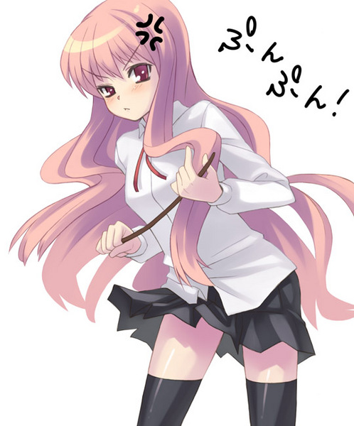 oryou, louise francoise le blanc de la valliere, zero no tsukaima, resized, angry, cape, long hair, pink eyes, pink hair, pixiv thumbnail, thighhighs, wand, zettai ryouiki
