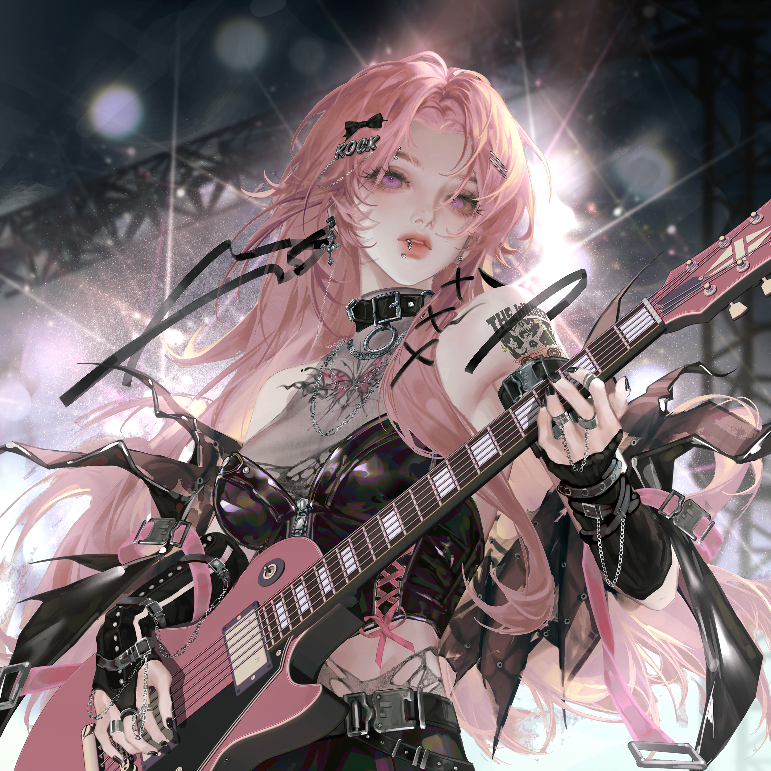gloriash, original, absurdres, highres, 1girl, bare shoulders, belt, black nails, breasts, crop top, earrings, electric guitar, guitar, hair orament, hair ribbon, holding, holding instrument, instrument, jewelry, long hair, music, piercing, pink eyes, pink hair, ribbon, ring, solo, tattoo