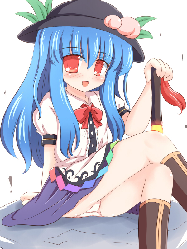 ry (yagoyago), hinanawi tenshi, touhou, 1girl, blue hair, blush, female focus, food, fruit, hat, long hair, open mouth, panties, peach, smile, solo, sword, sword of hisou, underwear, weapon