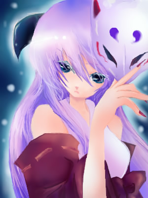 hanyuu, higurashi no naku koro ni, lowres, non-web source, 00s, 1girl, bare shoulders, detached sleeves, female focus, fox mask, horns, japanese clothes, long hair, mask, miko, purple hair, solo