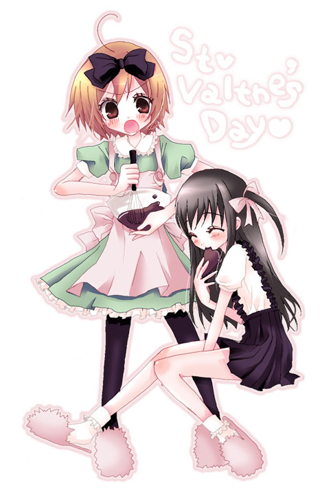 ico (pekoguest), furude rika, houjou satoko, higurashi no naku koro ni, non-web source, 00s, apron, black hair, blonde hair, bowl, brown eyes, chocolate, closed eyes, dress, english text, engrish text, frills, hair ribbon, heart, pantyhose, ranguage, ribbon, short hair, slippers, socks, twintails, typo, valentine