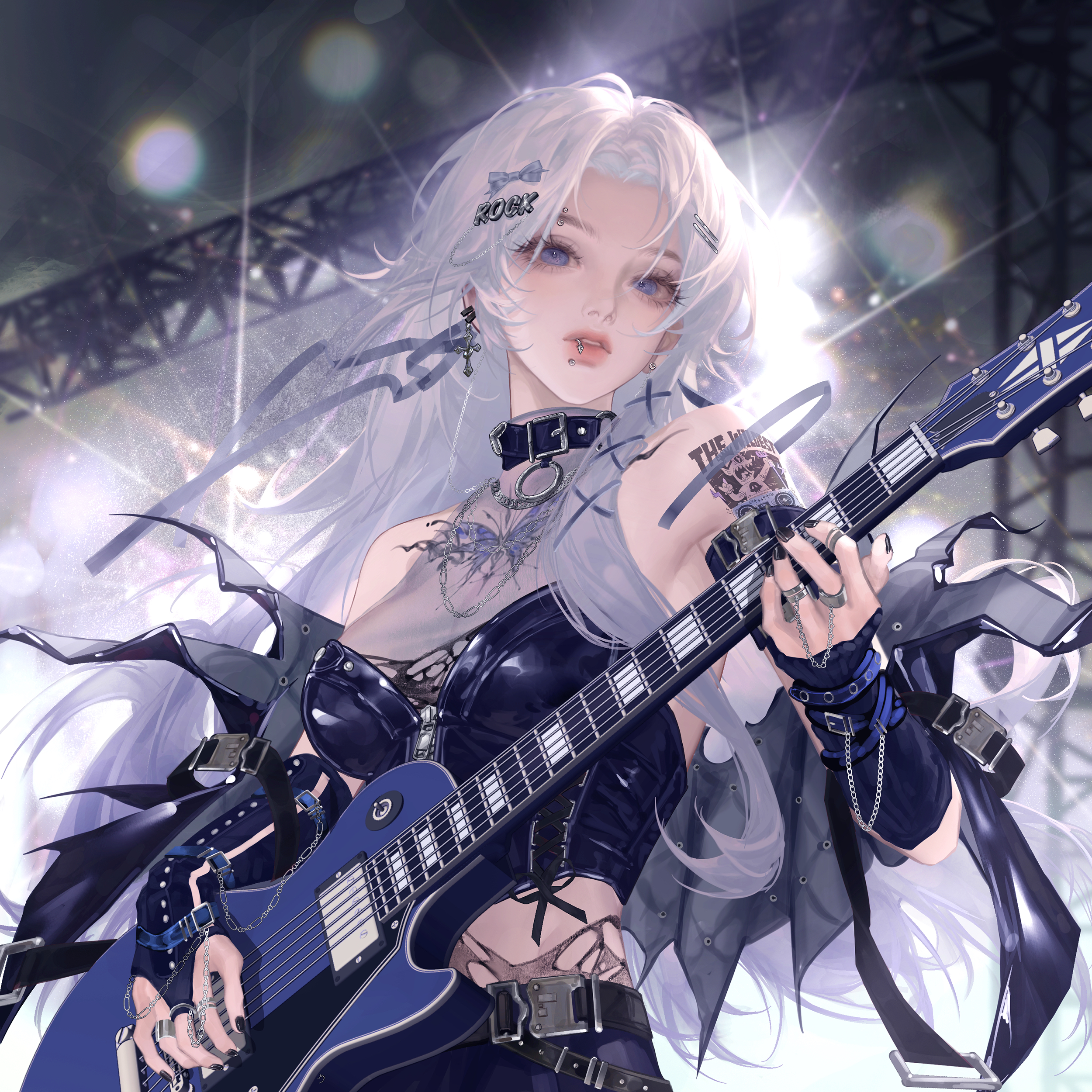 gloriash, original, absurdres, highres, 1girl, bare shoulders, belt, black nails, blue eyes, breasts, chain, collar, earrings, electric guitar, guitar, hair orament, hair ornament, hair ribbon, hairclip, holding, holding instrument, instrument, jacket, jewelry, long hair, looking at viewer, music, parted lips, piercing, ribbon, ring, solo, tattoo, white hair