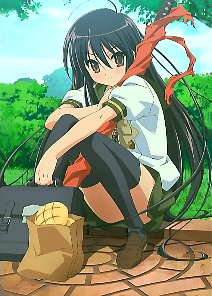 alastor (shakugan no shana), shana, shakugan no shana, anime screenshot, non-web source, stitched, third-party edit, 00s, 1girl, bag, black hair, bread, brown eyes, day, female focus, food, long hair, melon bread, paper bag, school bag, school uniform, serafuku, solo, sword, thighhighs, weapon, zettai ryouiki