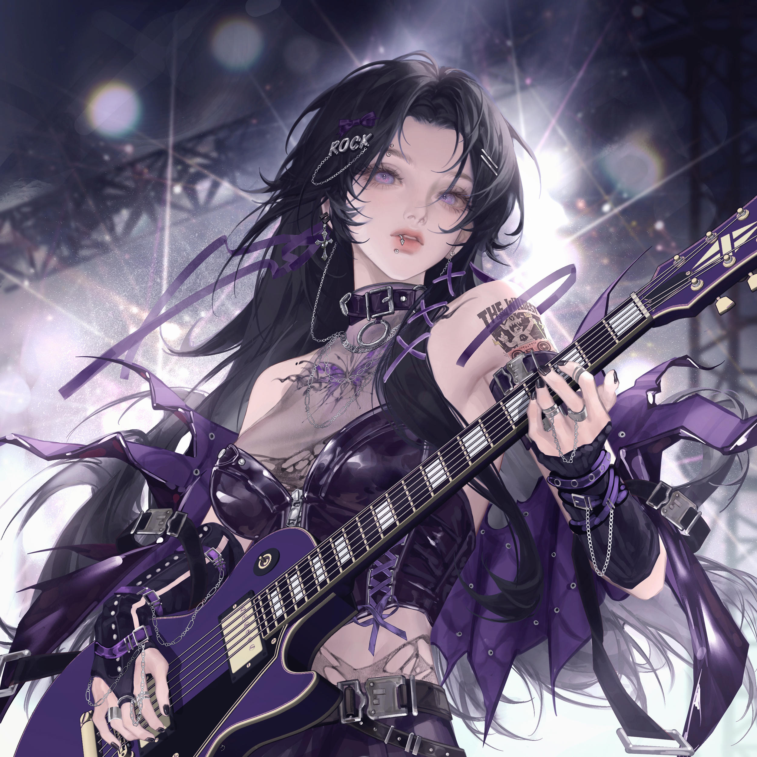gloriash, original, absurdres, highres, 1girl, bare shoulders, belt, black hair, black nails, breasts, collar, earrings, electric guitar, guitar, hair orament, hair ribbon, holding, holding instrument, instrument, jewelry, long hair, looking at viewer, music, parted lips, piercing, purple eyes, ribbon, ring, solo, stage, stage lights, tattoo, upper body