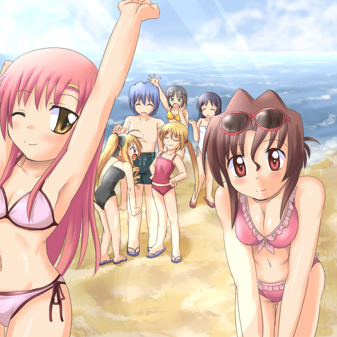 aizawa sakuya, ayasaki hayate, katsura hinagiku, maria (hayate no gotoku!), saginomiya isumi, sanzen'in nagi, tennousu athena, hayate no gotoku!, md5 mismatch, resolution mismatch, source smaller, 00s, 1boy, 6+girls, armpits, arms up, beach, bikini, blonde hair, blue hair, brown hair, day, flip-flops, grey hair, long hair, multiple girls, one-piece swimsuit, outdoors, pink hair, red eyes, sandals, short hair, side-tie bikini bottom, swimsuit, thigh gap, thighs, twintails, yellow eyes