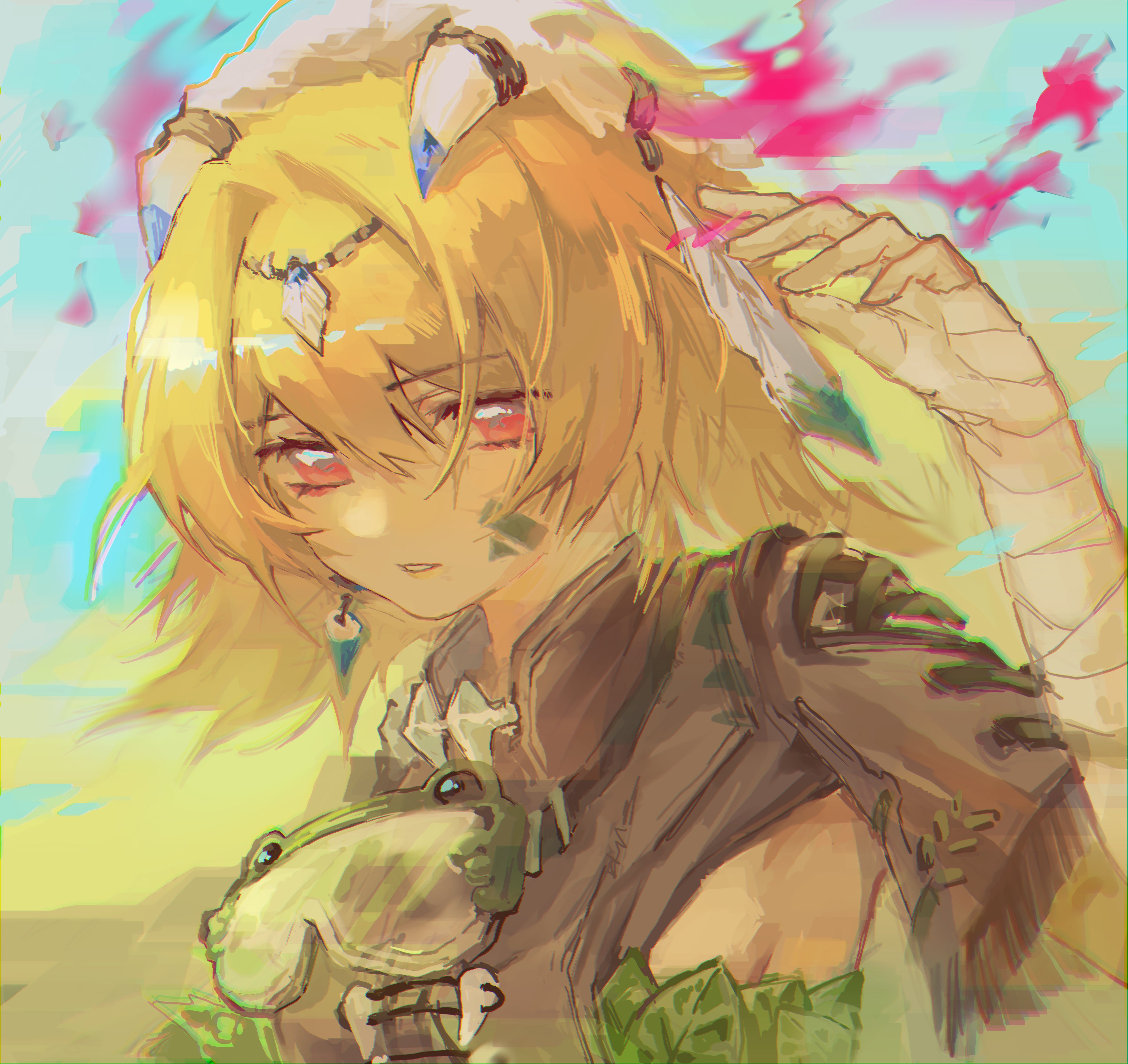 fuchsia (forest adventure) (strinova), fuchsia (strinova), strinova, absurdres, highres, 1girl, animal skull, blonde hair, bob cut, breasts, cece (cl4pl), goggles, goggles around neck, hair between eyes, hair intakes, hair ornament, hand up, jacket, looking at viewer, outdoors, parted lips, pink eyes, short hair, sideboob, skull, skull on head, small breasts, solo, teeth