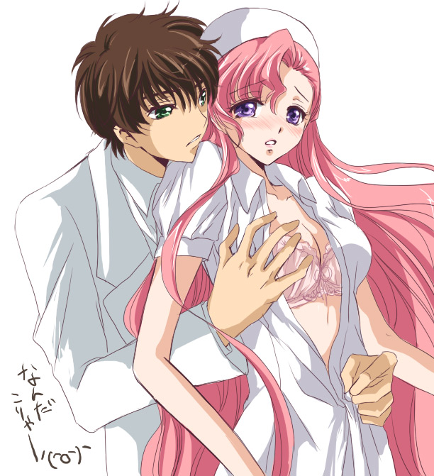 akina tsukako, euphemia li britannia, kururugi suzaku, code geass, non-web source, 00s, 1boy, 1girl, bra, breasts, grabbing another's breast, groping, hetero, large breasts, lingerie, long hair, nurse, open clothes, open shirt, pink hair, shirt, underwear