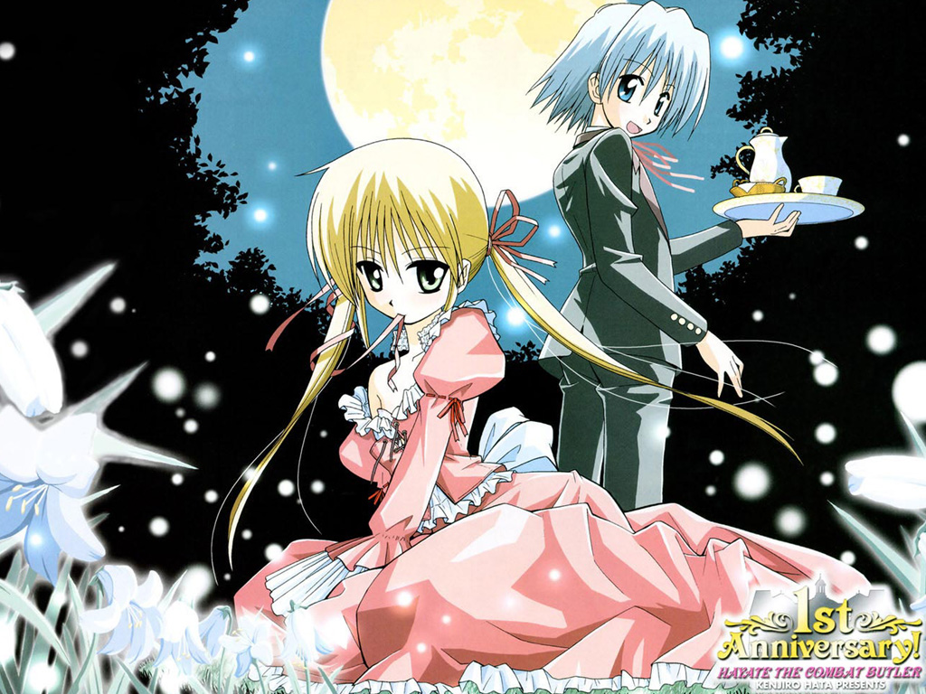 ayasaki hayate, sanzen'in nagi, hayate no gotoku!, silver hair, uniform, non-web source, 00s, 1boy, 1girl, blonde hair, dress, full moon, juliet sleeves, long sleeves, looking at viewer, moon, pants, pink dress, puffy long sleeves, puffy sleeves