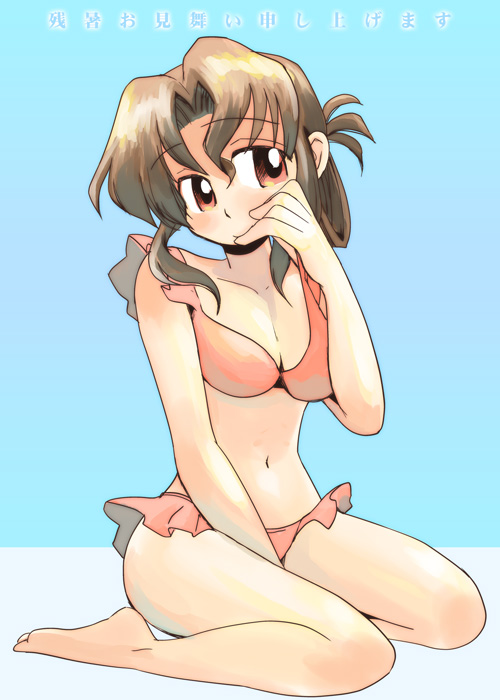 maria (hayate no gotoku!), hayate no gotoku!, non-web source, 00s, 1girl, bare arms, bare legs, barefoot, bikini, bikini skirt, blue background, blush, breasts, brown eyes, brown hair, cleavage, collarbone, female focus, folded ponytail, full body, looking at viewer, orange bikini, simple background, sitting, solo, swimsuit, thighs, wariza