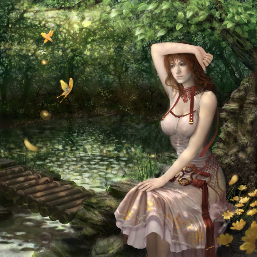 idnar, artist request, brown eyes, butterfly, dress, forest, nature, realistic, red hair, scenery, sitting, smile, solo, water