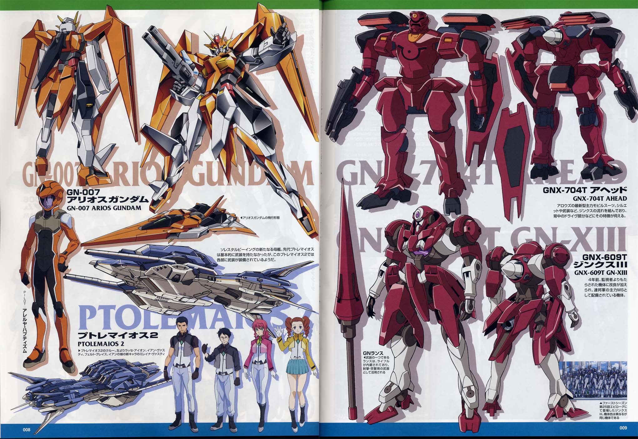 ahead (mobile suit), allelujah haptism, arios, feldt grace, gn-x iii, gn-xiii, ian vashti, lasse aeon, mileina vashti, gundam, gundam 00, highres, official art, scan, 00s, 2girls, 3boys, ian vasty, mecha, multiple boys, multiple girls, robot