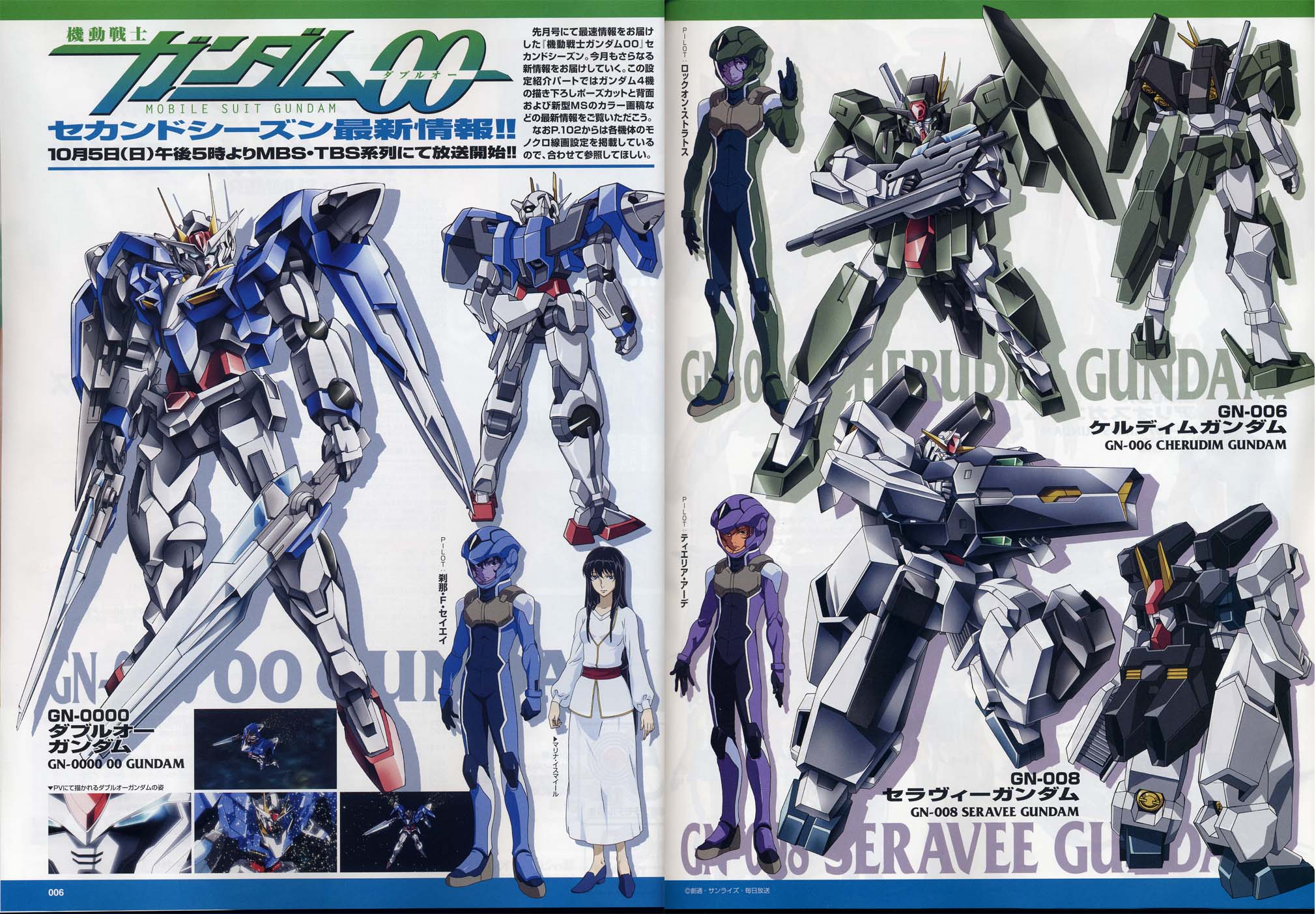 lockon stratos, marina ismail, setsuna f. seiei, tieria erde, gundam, gundam 00, highres, official art, scan, 00s, 1girl, 3boys, mecha, multiple boys, robot