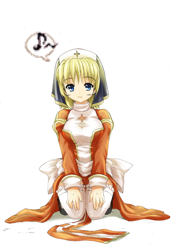 yamishin, high priest (ragnarok online), ragnarok online, 1girl, blonde hair, blue eyes, breasts, dress, female focus, large breasts, solo, thighhighs, two-tone dress