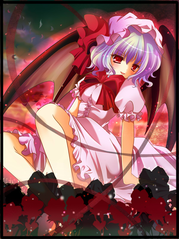 kino (kino konomi), kino konomi, maruru (pixiv), remilia scarlet, touhou, bad id, bad pixiv id, 1girl, blue hair, female focus, hat, ribbon, short hair, solo, wings