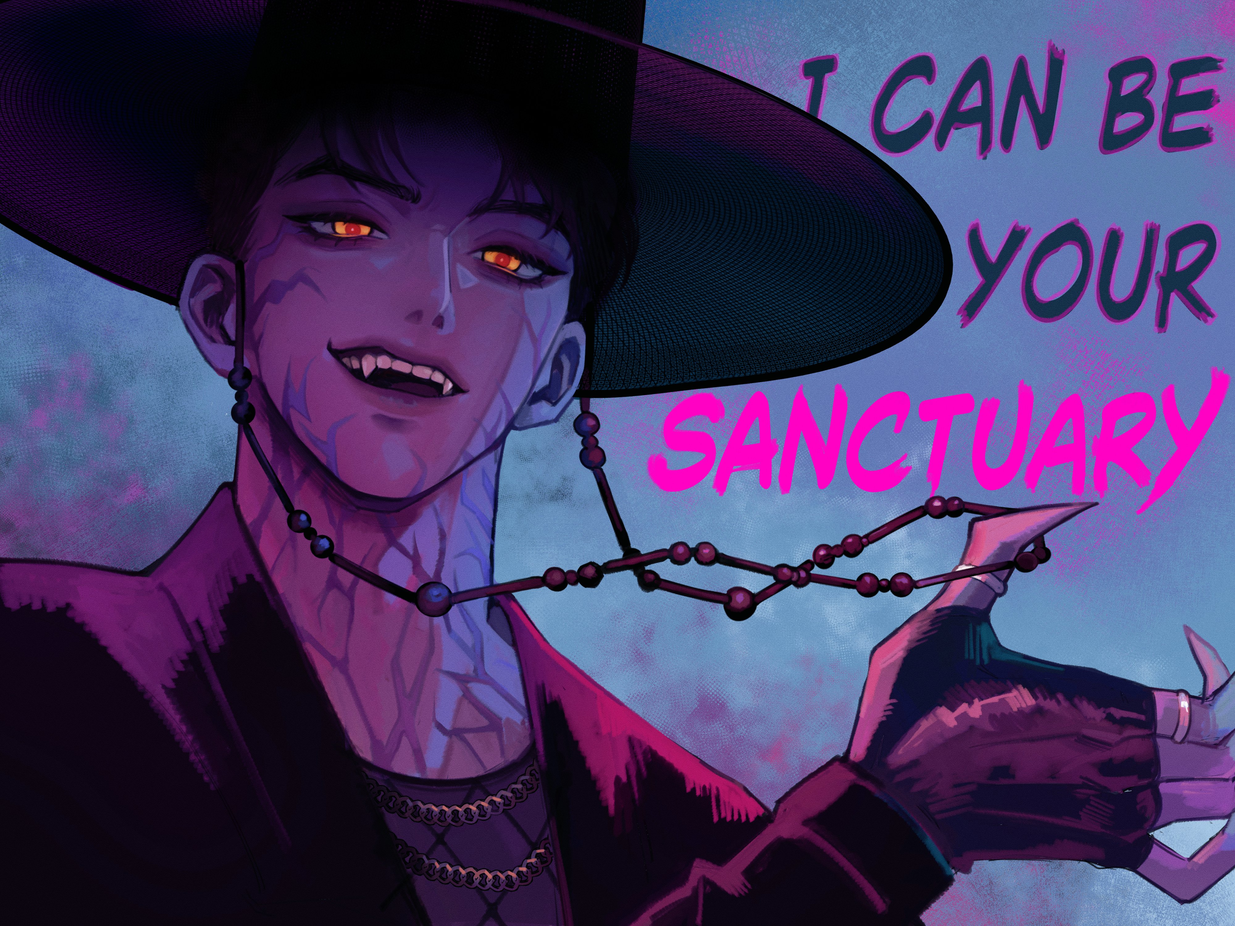 abby (kpop demon hunters), kpop demon hunters, absurdres, commentary request, highres, korean commentary, 1boy, black gloves, black hair, body markings, demon, english text, eomdar, facial mark, fangs, fingerless gloves, fingernails, gat (hat), gloves, hat, jewelry, long fingernails, male focus, ring, short hair, solo, upper body, yellow eyes