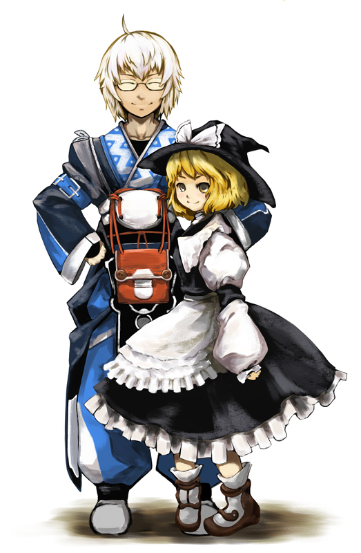 laboto, kirisame marisa, morichika rinnosuke, curiosities of lotus asia, touhou, silver hair, 1boy, 1girl, ahoge, blonde hair, bow, dress, glasses, happy, hat, hat bow, height difference, long hair, long sleeves, pigeon-toed, short hair, sleeves past wrists, smile, witch, witch hat, yellow eyes