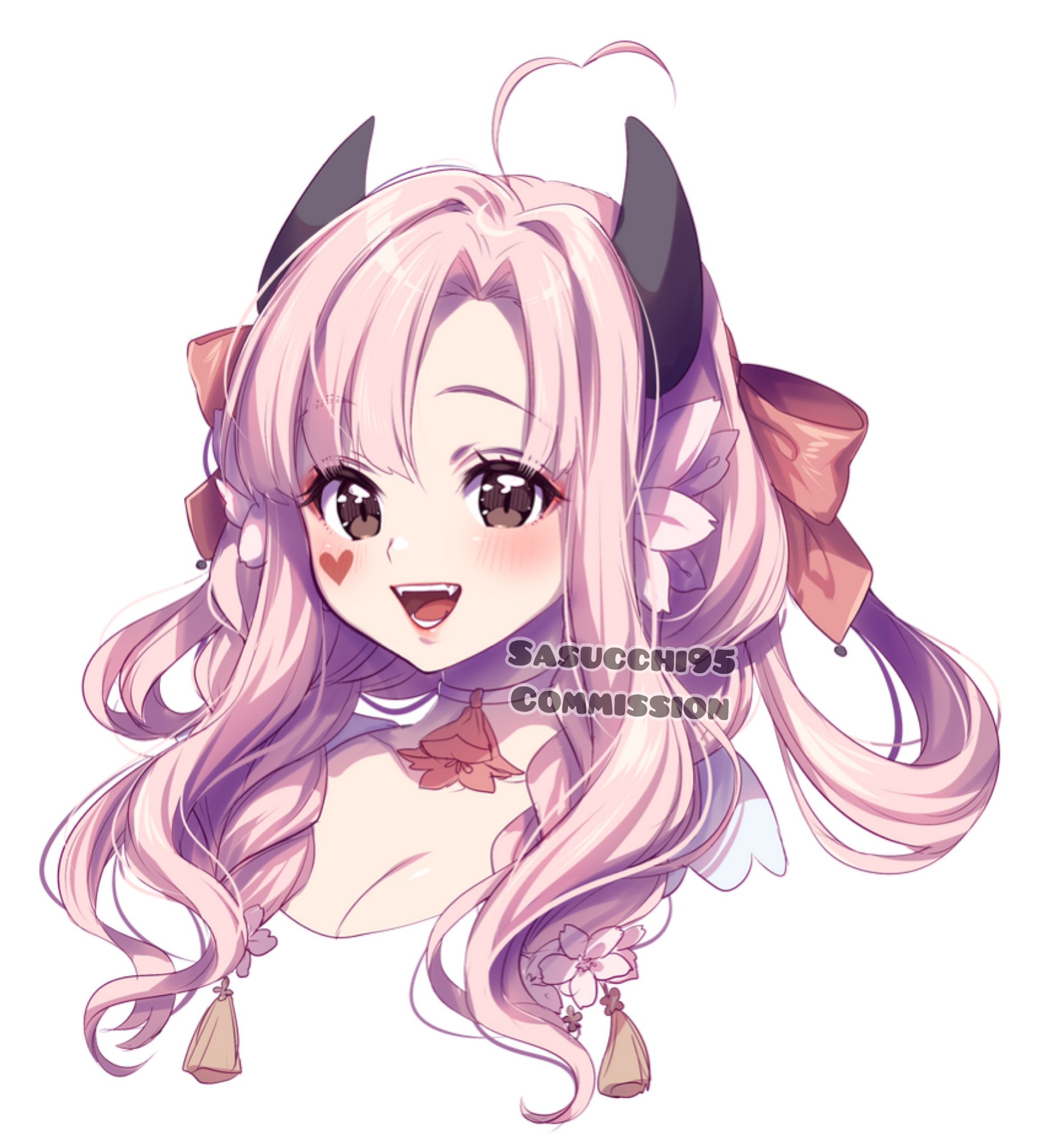 sasucchi95, original, commentary, commission, english commentary, highres, 1girl, :d, ahoge, artist name, ascot, black horns, blush, bow, braid, breasts, brown eyes, cleavage, cropped shoulders, curtained hair, detached collar, facial mark, fangs, flower, hair between eyes, hair bow, hair flower, hair ornament, hair rings, heart, heart ahoge, heart facial mark, horns, long hair, looking at viewer, open mouth, pink hair, raised eyebrows, red ascot, red bow, simple background, smile, solo, teeth, tongue, twin braids, watermark, wavy hair, white background, white flower