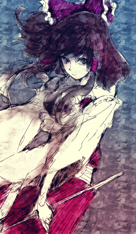 yukizen, hakurei reimu, touhou, 1girl, ascot, bow, detached sleeves, dress, female focus, gohei, hair bow, long sleeves, looking at viewer, red bow, red dress, ribbon-trimmed sleeves, ribbon trim, sidelocks, solo, vest