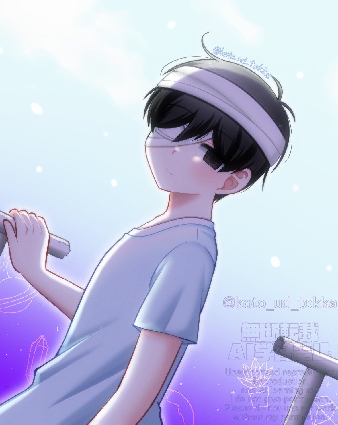 hisaho, sunny (omori), omori, highres, spoilers, 1boy, antenna hair, bandaged head, bandages, black eyes, black hair, closed mouth, eyepatch, hospital gown, looking at viewer, male focus, railing, short hair, short sleeves, solo, twitter username, watermark