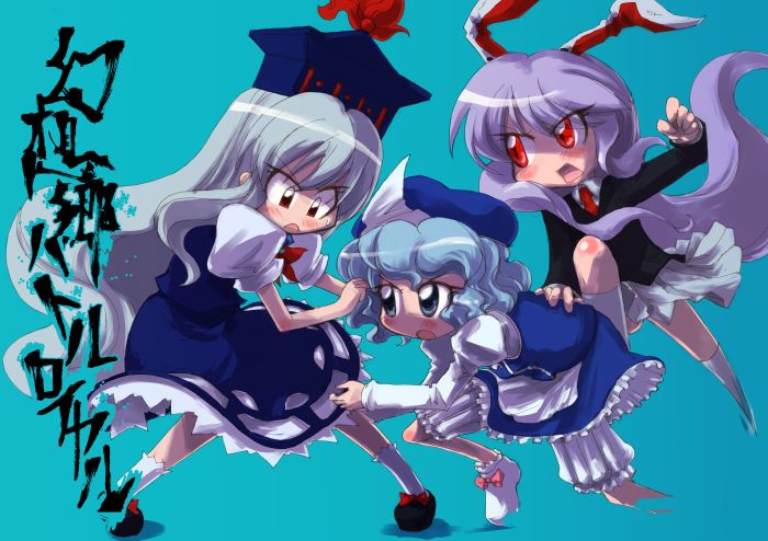 tao, tao (kadoya), kamishirasawa keine, letty whiterock, reisen udongein inaba, touhou, 3girls, action, animal ears, bloomers, chibi, female focus, multiple girls, rabbit ears, underwear