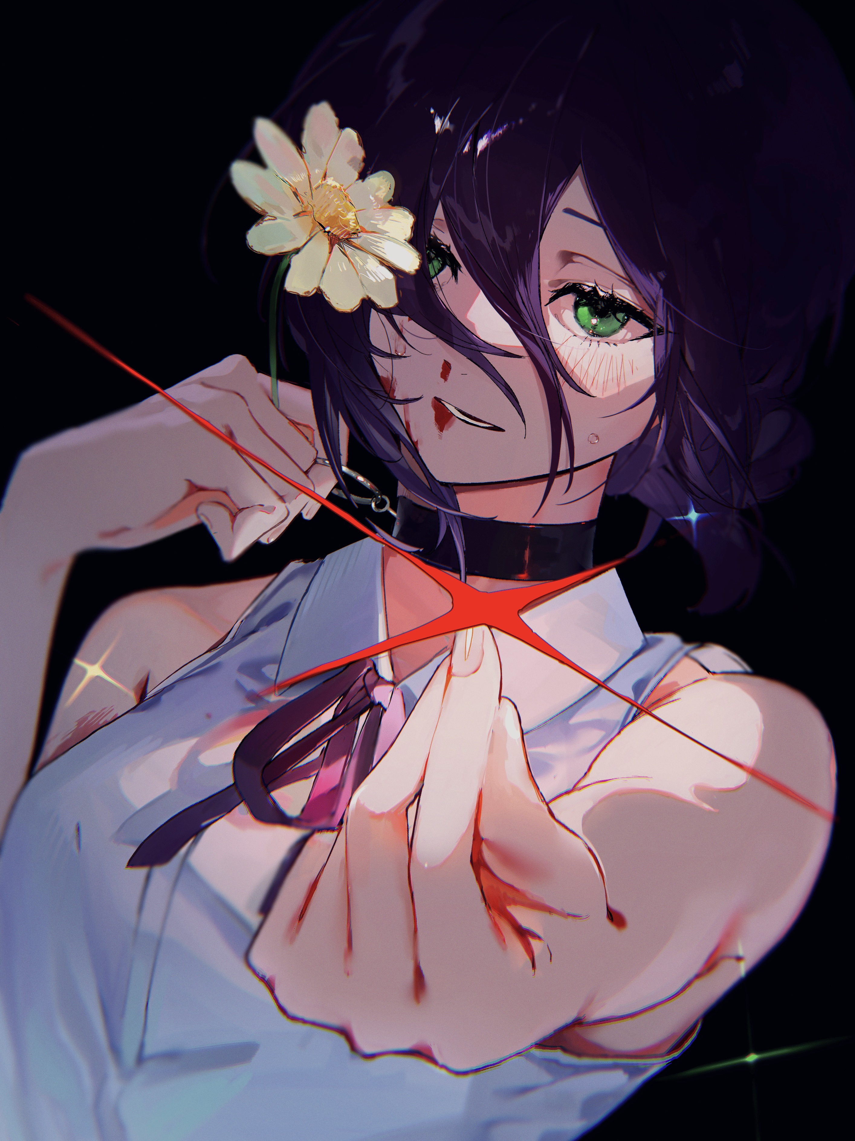 railgun1mikoto22, reze (chainsaw man), chainsaw man, absurdres, highres, 1girl, black background, black choker, blood, blood on face, choker, collared shirt, flower, green eyes, grenade pin, hair between eyes, looking at viewer, nosebleed, outstretched arm, purple hair, purple ribbon, ribbon, shirt, sleeveless, sleeveless shirt, solo, white flower, white shirt
