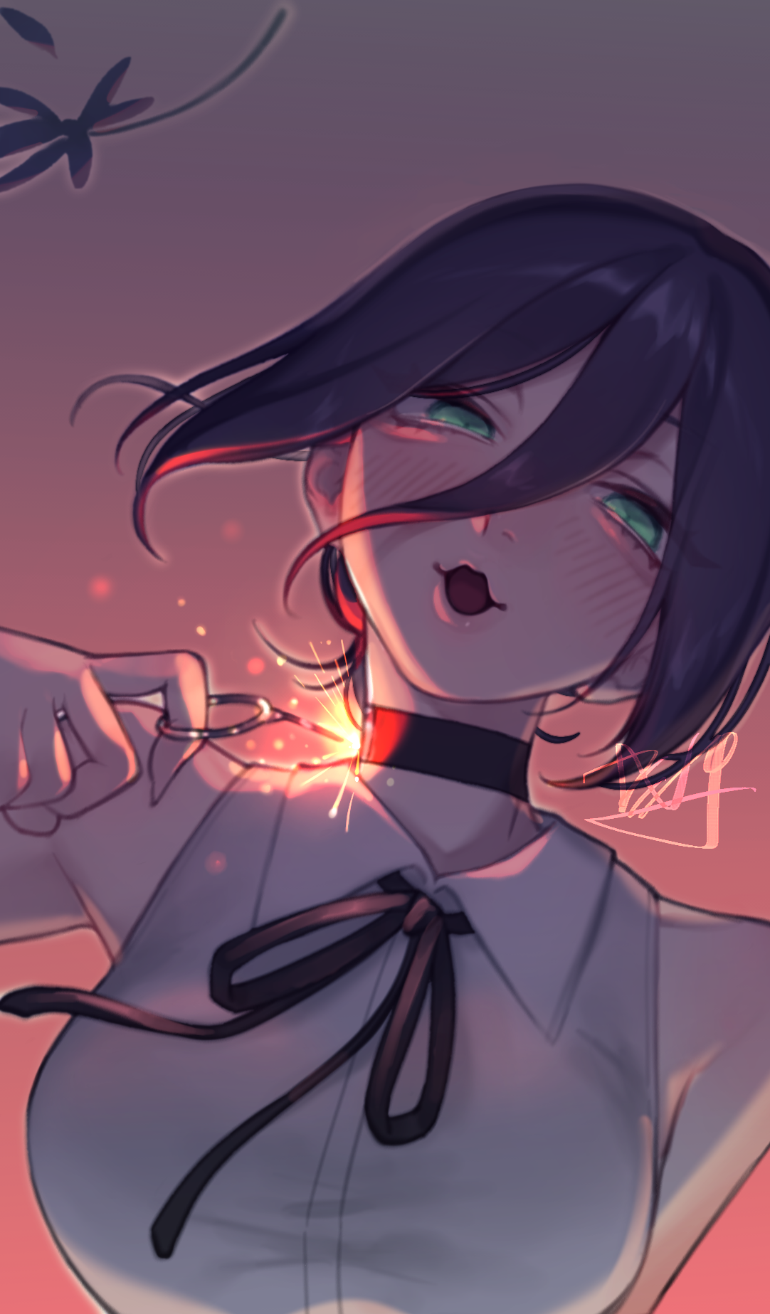 valley xxx, reze (chainsaw man), chainsaw man, highres, 1girl, black choker, black hair, black ribbon, choker, collared shirt, dusk, gradient sky, green eyes, grenade pin, hair between eyes, imminent explosion, open mouth, orange sky, ribbon, shirt, sky, solo, sparks, white shirt