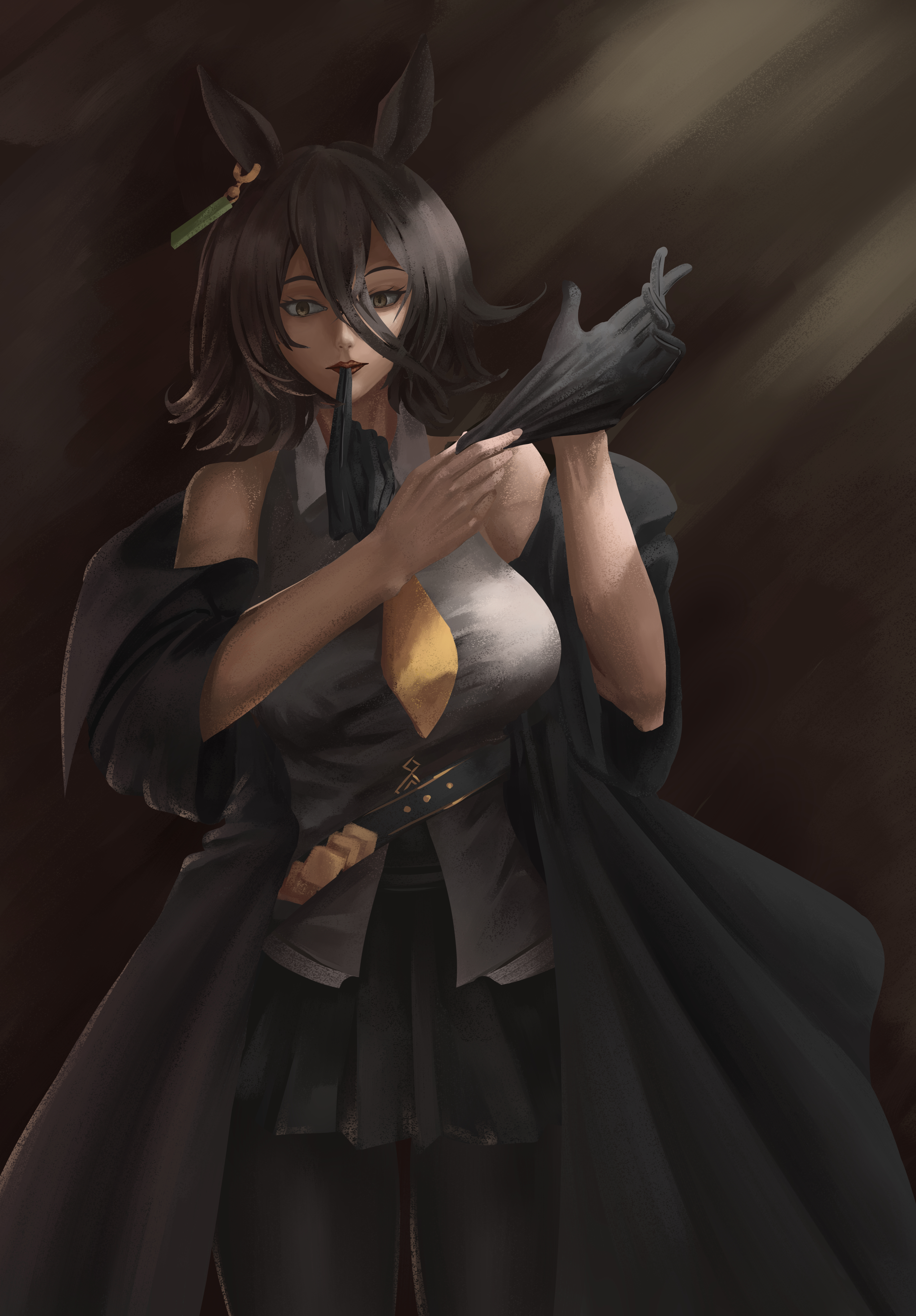 manhattan cafe (umamusume), umamusume, absurdres, highres, 1girl, adjusting clothes, adjusting gloves, alternate breast size (larger), belt, black belt, black coat, black gloves, black pantyhose, black skirt, breasts, coat, collared shirt, ear ornament, ear tag, earrings, glove in mouth, gloves, hair between eyes, hands up, jewelry, large breasts, long hair between eyes, long sleeves, moltke (moltke von), mouth hold, necktie, open clothes, open coat, pantyhose, pleated skirt, red lips, shirt, single earring, skirt, sleeveless, sleeveless shirt, solo, white shirt, yellow eyes, yellow necktie