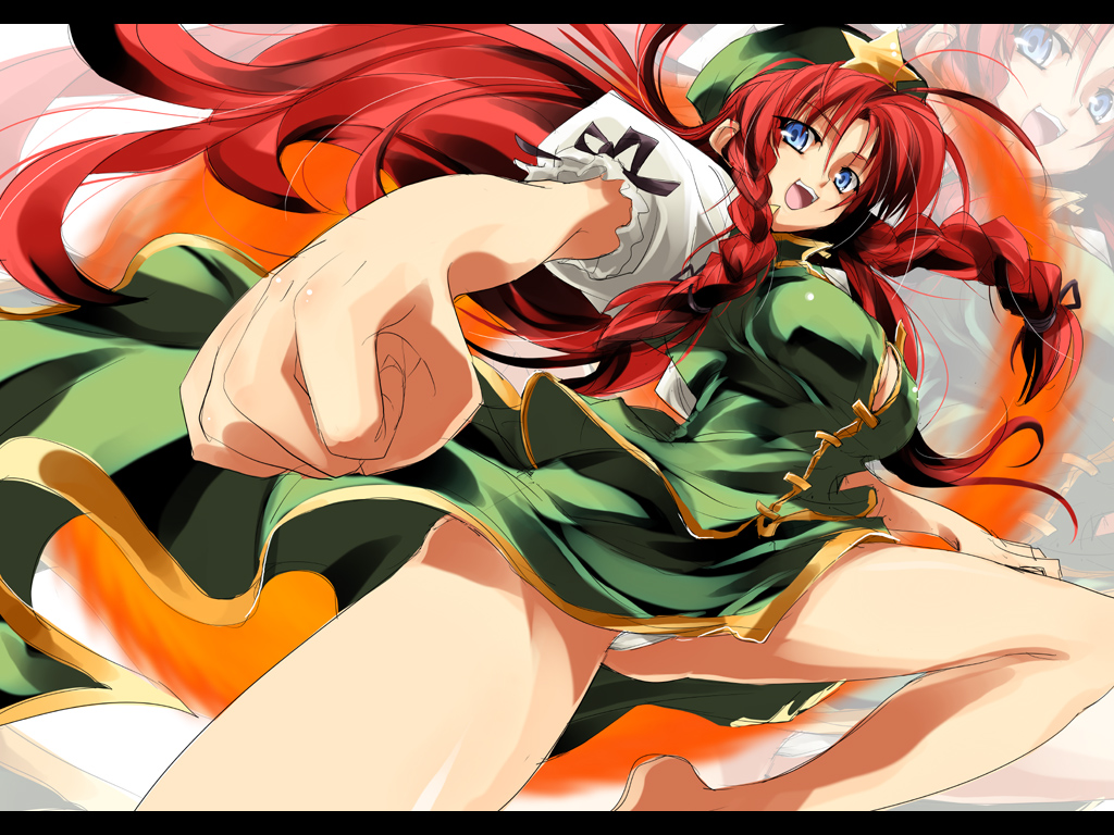 delusion overdose, matsuno canel, hong meiling, embodiment of scarlet devil, touhou, 1girl, braid, breasts, china dress, chinese clothes, cleavage, dress, female focus, foreshortening, hat, large breasts, long hair, panties, red hair, ribbon, solo, star (symbol), twin braids, twintails, underwear