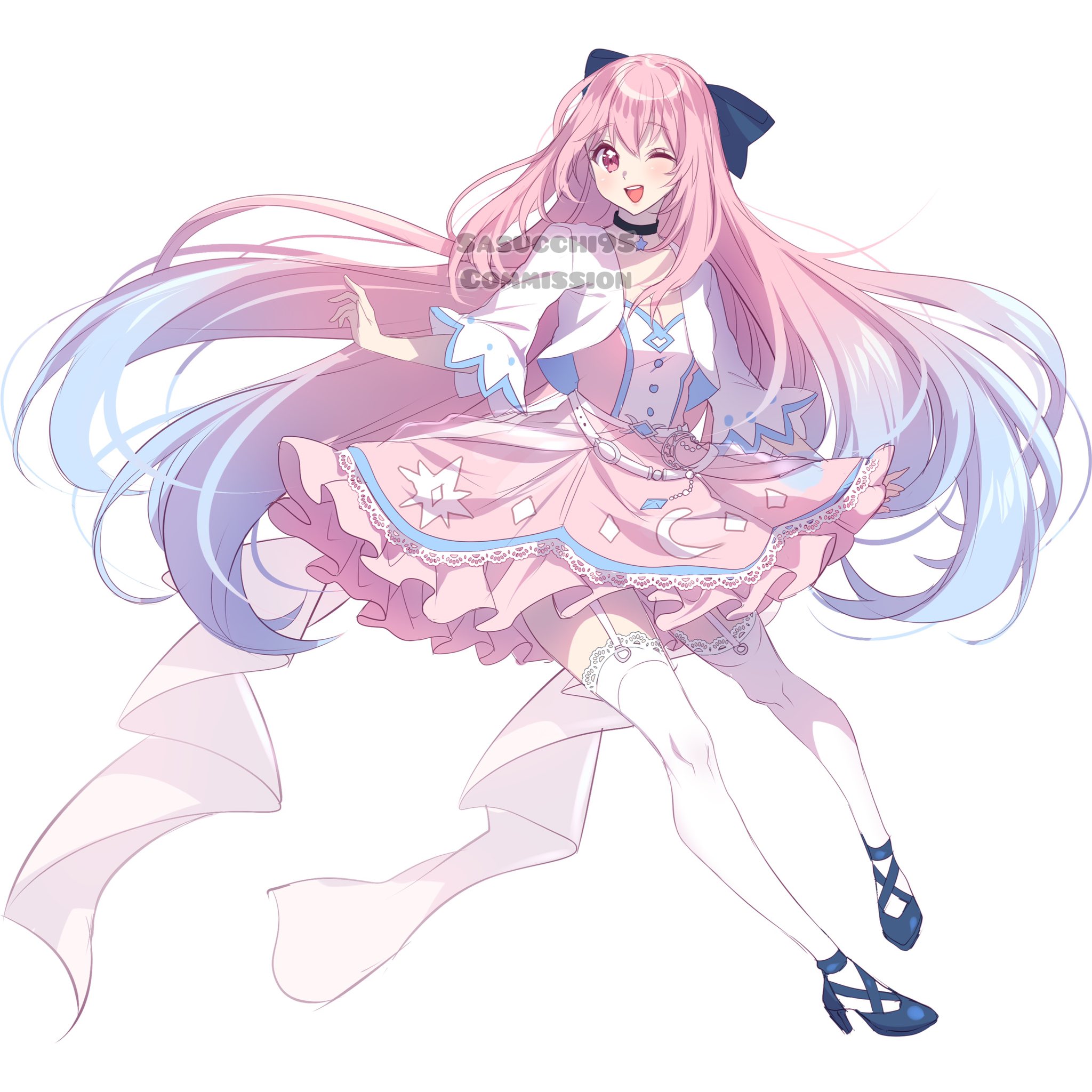 sasucchi95, original, commentary, commission, english commentary, highres, 1girl, ;d, artist name, belt, black choker, blue bow, blue hair, blue shoes, blush, bow, breasts, choker, cleavage, crescent, diamond (shape), dress, frilled dress, frills, full body, garter straps, gradient hair, hair between eyes, hair bow, happy, high heels, jacket, lace, lace-trimmed thighhighs, lace trim, long hair, looking at viewer, multicolored hair, one eye closed, open clothes, open jacket, open mouth, pink dress, pink eyes, pink hair, shoes, short dress, simple background, small breasts, smile, solo, standing, standing on one leg, star (symbol), star choker, teeth, thighhighs, three-quarter sleeves, tongue, two-tone hair, upper teeth only, very long hair, watermark, white background, white belt, white jacket, white thighhighs, zettai ryouiki