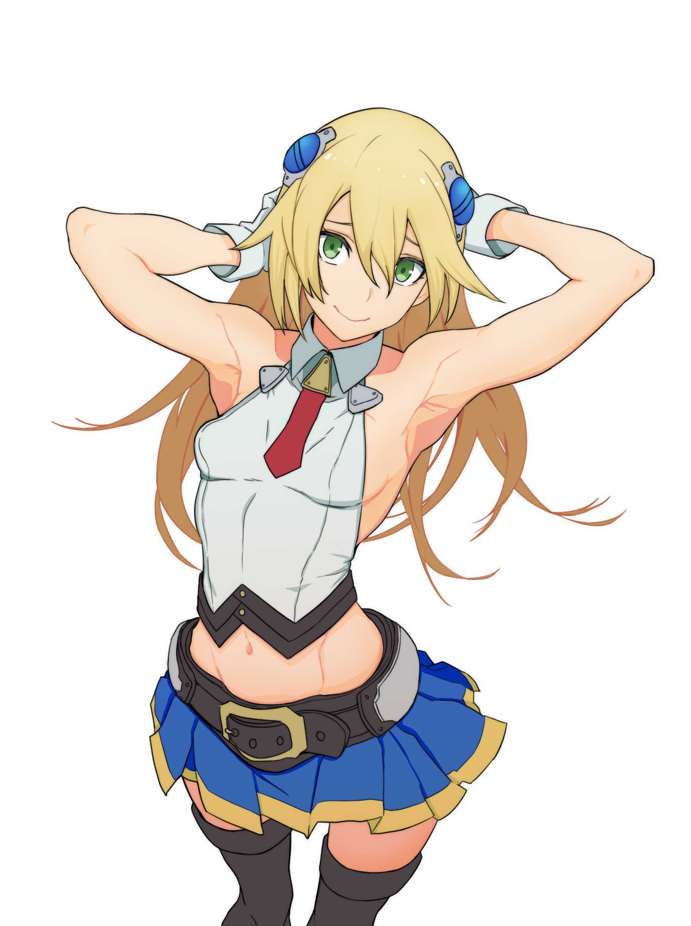 kp944113, noel vermillion, blazblue, highres, 1girl, armpits, belt, belt buckle, black belt, black thighhighs, blonde hair, blue skirt, breasts, buckle, closed mouth, gloves, green eyes, hair between eyes, long hair, looking at viewer, midriff, navel, sideboob, skirt, small breasts, smile, solo, thighhighs, white background, white gloves