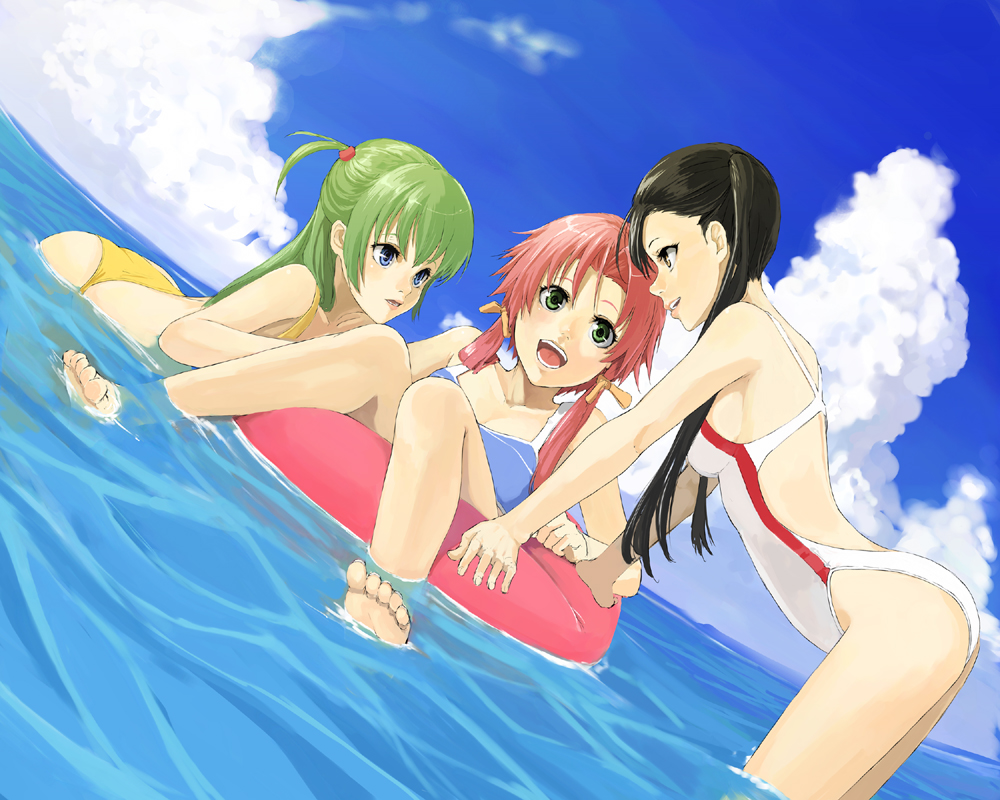 kuroko (piii), aika granzchesta, alice carroll, mizunashi akari, aria (manga), 00s, 3girls, afloat, barefoot, bent over, bikini, black hair, blue eyes, blush, breasts, cloud, day, dutch angle, feet, green eyes, green hair, happy, innertube, long hair, medium breasts, multiple girls, ocean, one-piece swimsuit, open mouth, outdoors, parted lips, partially submerged, pink hair, profile, ribbon, sky, swim ring, swimming, swimsuit, toes, twintails, wading, water