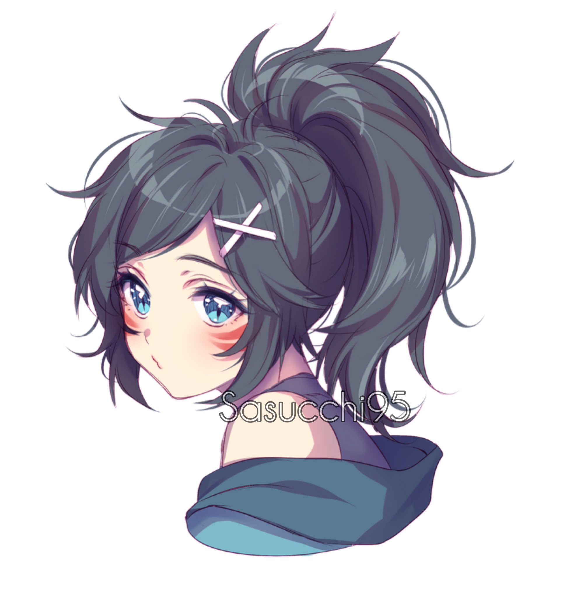 sasucchi95, original, commentary, commission, english commentary, highres, 1girl, antenna hair, artist name, bare shoulders, black hair, black shirt, blue eyes, blue jacket, blush, closed mouth, cropped shoulders, facial mark, hair ornament, high ponytail, jacket, looking at viewer, looking back, medium hair, ponytail, pout, shirt, simple background, sleeveless, sleeveless shirt, sleeveless turtleneck, solo, swept bangs, turtleneck, turtleneck shirt, whisker markings, white background, x hair ornament