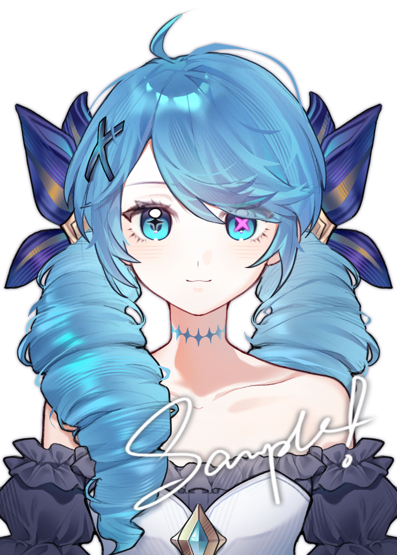 gwen (league of legends), league of legends, chinese commentary, commentary request, commission, mihuashi commission, variant set, 1girl, :3, ahoge, bare shoulders, black shirt, blue bow, blue eyes, blue gemstone, blue hair, blue tattoo, bow, bright pupils, closed mouth, collarbone, diamond (shape), drill hair, gem, hair bow, hair ornament, hair over shoulder, long hair, looking at viewer, mismatched pupils, neck tattoo, off-shoulder shirt, off shoulder, pink pupils, puffy sleeves, sample watermark, shirt, side part, simple background, solo, star-shaped pupils, star (symbol), straight-on, sundayxiye, symbol-shaped pupils, tattoo, twin drills, upper body, watermark, white background, x-shaped pupils, x hair ornament