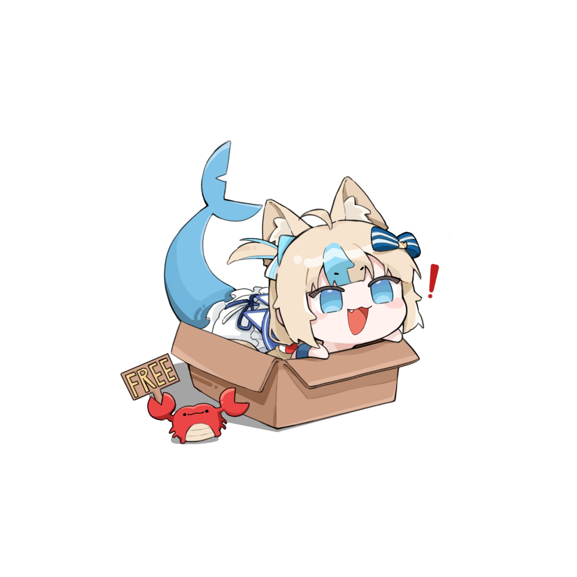 ilgong, kaniki (sameko saba), sameko saba, indie virtual youtuber, commentary request, highres, !, 1girl, :3, ahoge, animal ear fluff, animal ears, blonde hair, blue eyes, bow, box, cardboard box, cat ears, chibi, crab, dress, fang, fins, fish tail, from side, hair bow, holding, holding sign, in box, in container, multicolored hair, open mouth, shark tail, sign, simple background, smile, solo, streaked hair, tail, tail raised, white background, white dress