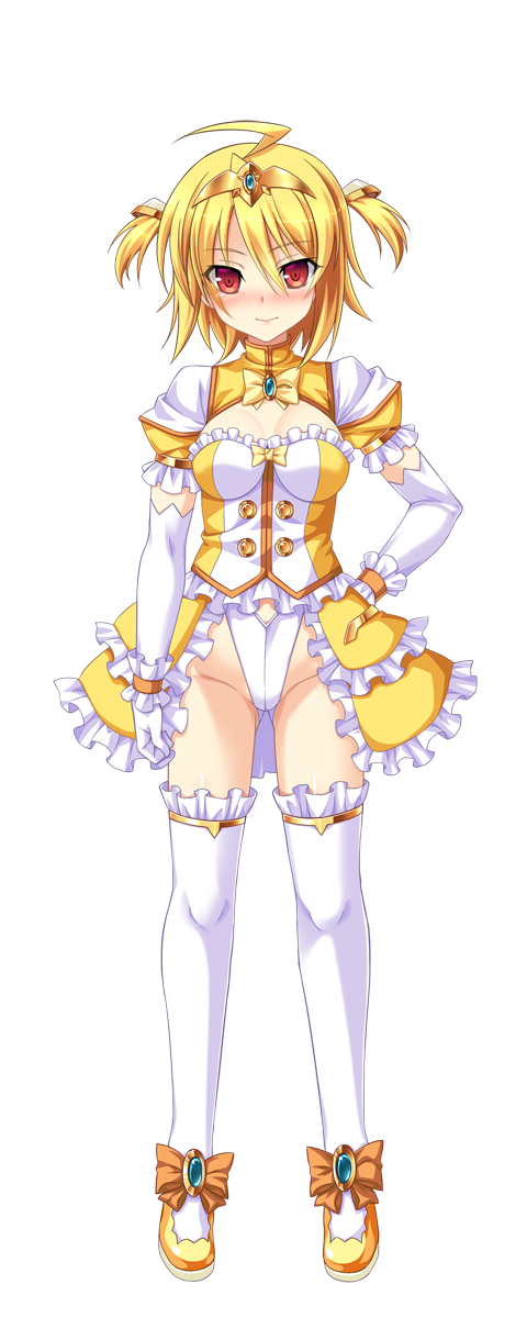 aoi masami, amagi nao, arty flare, ts magical girl nao, game cg, highres, non-web source, official art, variant set, 1girl, ahoge, blonde hair, blush, breasts, cleavage, cleavage cutout, clothing cutout, dress, elbow gloves, frills, full body, genderswap, genderswap (mtf), gloves, hand on own hip, jewelry, leotard, looking at viewer, magical girl, medium breasts, puffy sleeves, red eyes, short hair, short sleeves, showgirl skirt, smile, solo, standing, thighhighs, tiara, transparent background, two side up, white gloves, white thighhighs