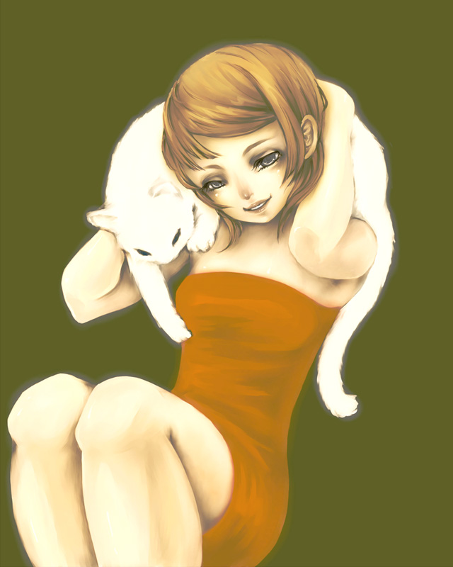 sheepme, original, bad id, bad pixiv id, 1girl, black eyes, brown hair, cat, dress, female focus, short hair, solo, strapless, strapless dress, tube dress