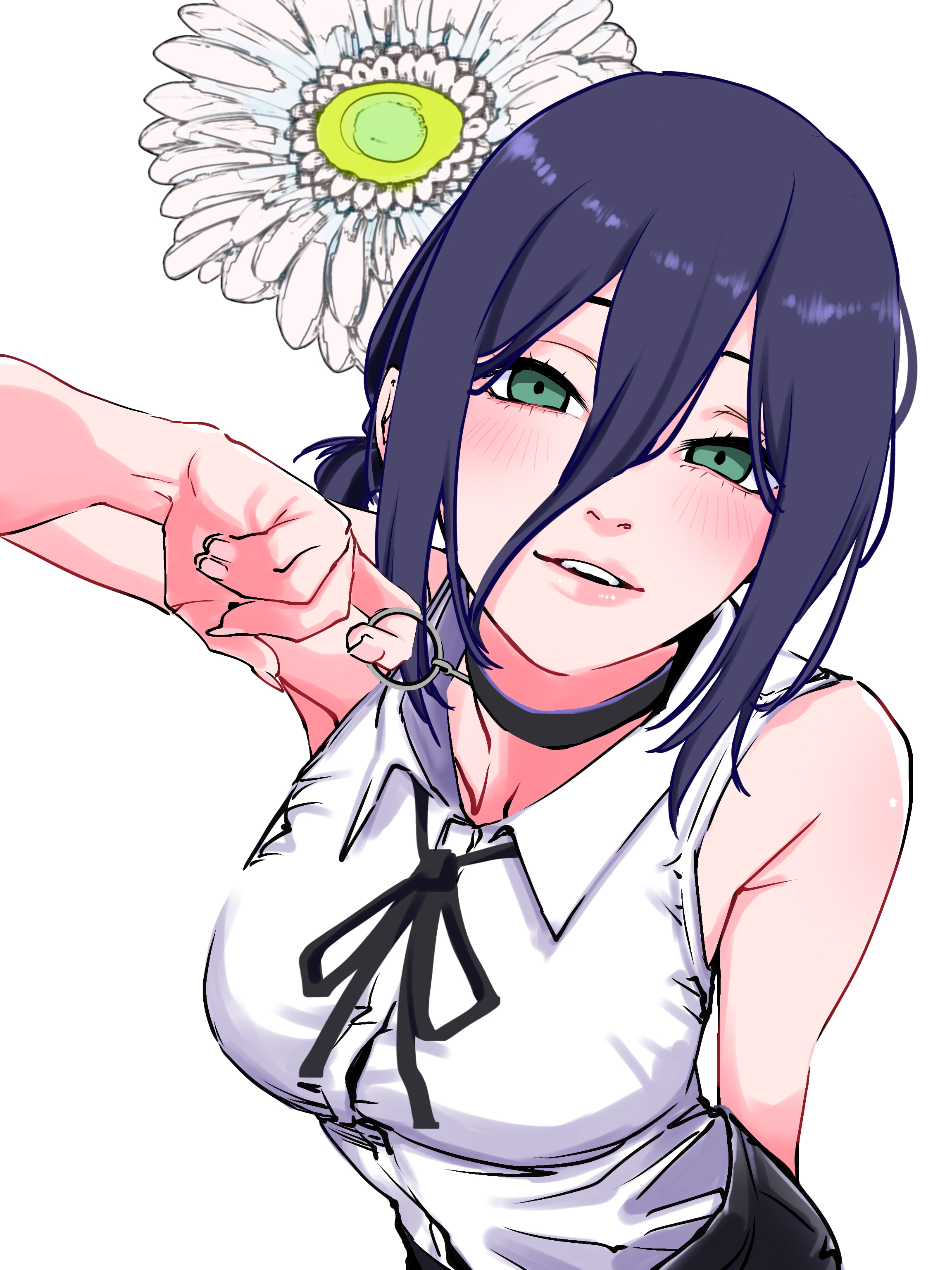 usagimi biri, reze (chainsaw man), chainsaw man, absurdres, highres, 1girl, arm up, black choker, black ribbon, breasts, choker, collared shirt, flower, green eyes, grenade pin, large breasts, looking at viewer, parted lips, purple hair, ribbon, shirt, simple background, sleeveless, sleeveless shirt, solo, white background, white flower, white shirt