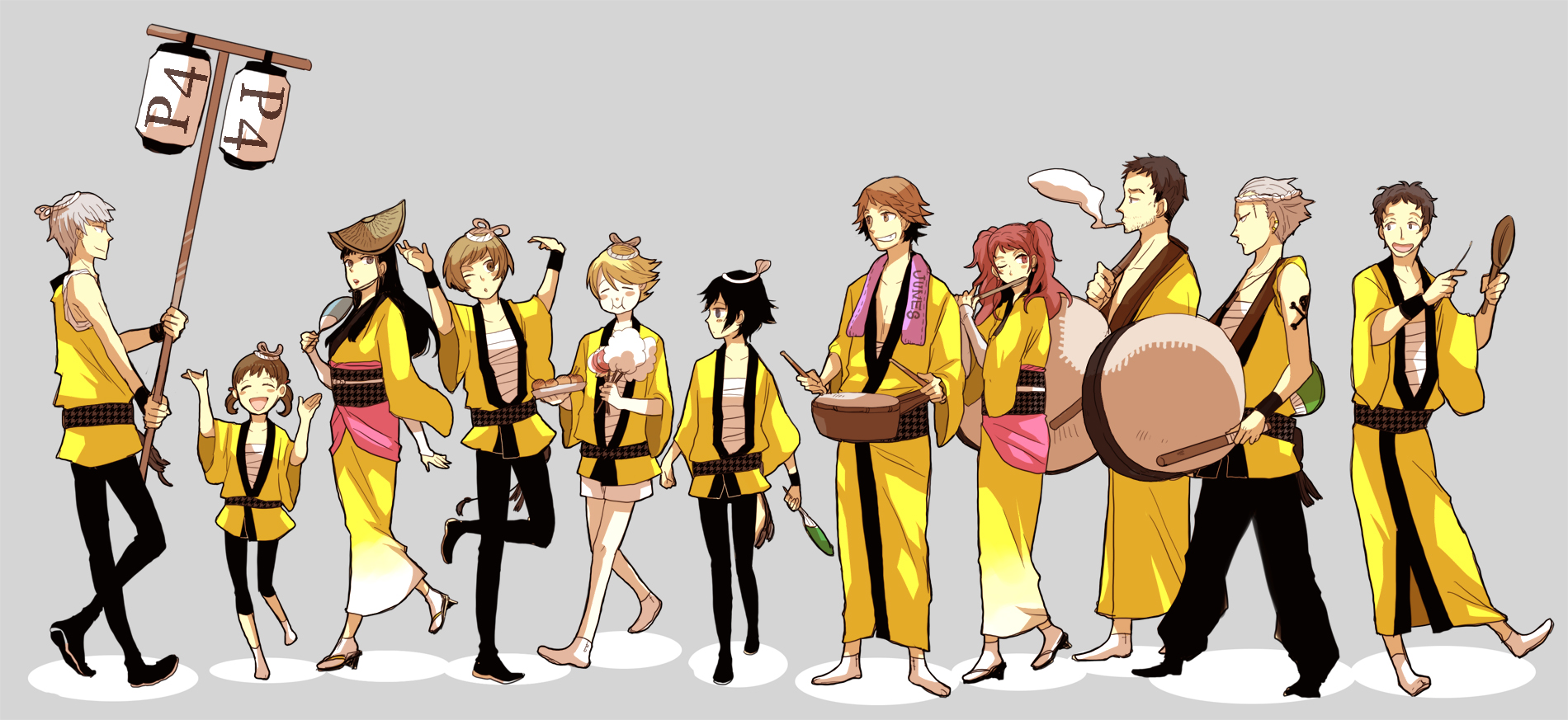 sudachips, adachi tooru, amagi yukiko, doujima nanako, doujima ryoutarou, hanamura yousuke, kujikawa rise, kuma (persona 4), narukami yu, satonaka chie, shirogane naoto, tatsumi kanji, atlus, persona, persona 4, bad id, bad pixiv id, highres, 5girls, 6+boys, alternate costume, everyone, festival, japanese clothes, kimono, multiple boys, multiple girls, yukata