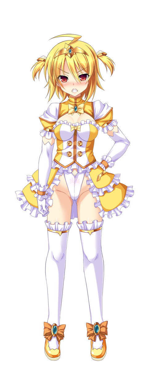 aoi masami, amagi nao, arty flare, ts magical girl nao, game cg, highres, non-web source, official art, variant set, 1girl, ahoge, blonde hair, blush, breasts, cleavage, cleavage cutout, clenched teeth, clothing cutout, dress, elbow gloves, frills, full body, genderswap, genderswap (mtf), gloves, hand on own hip, jewelry, leotard, looking at viewer, magical girl, medium breasts, open mouth, puffy short sleeves, puffy sleeves, red eyes, short hair, short sleeves, showgirl skirt, solo, standing, teeth, thighhighs, tiara, transparent background, two side up, white gloves, white thighhighs
