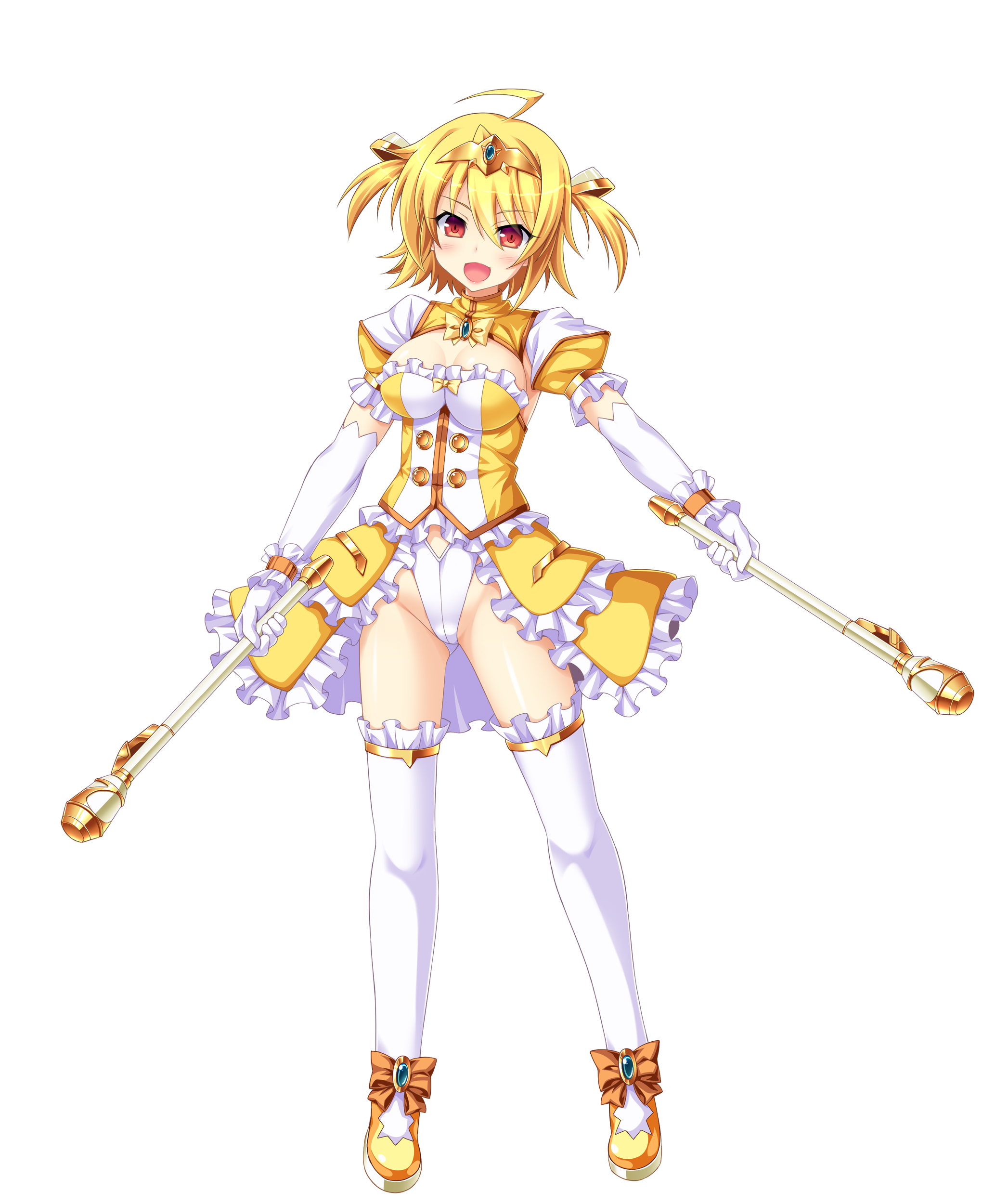 aoi masami, amagi nao, arty flare, ts magical girl nao, absurdres, game cg, highres, non-web source, official art, variant set, 1girl, ahoge, blonde hair, blush, breasts, cleavage, dress, dual wielding, elbow gloves, frills, full body, genderswap, genderswap (mtf), gloves, holding, jewelry, large breasts, leotard, looking at viewer, magical girl, open mouth, puffy short sleeves, puffy sleeves, red eyes, short hair, short sleeves, showgirl skirt, smile, solo, standing, thighhighs, tiara, transparent background, two side up, white gloves, white thighhighs