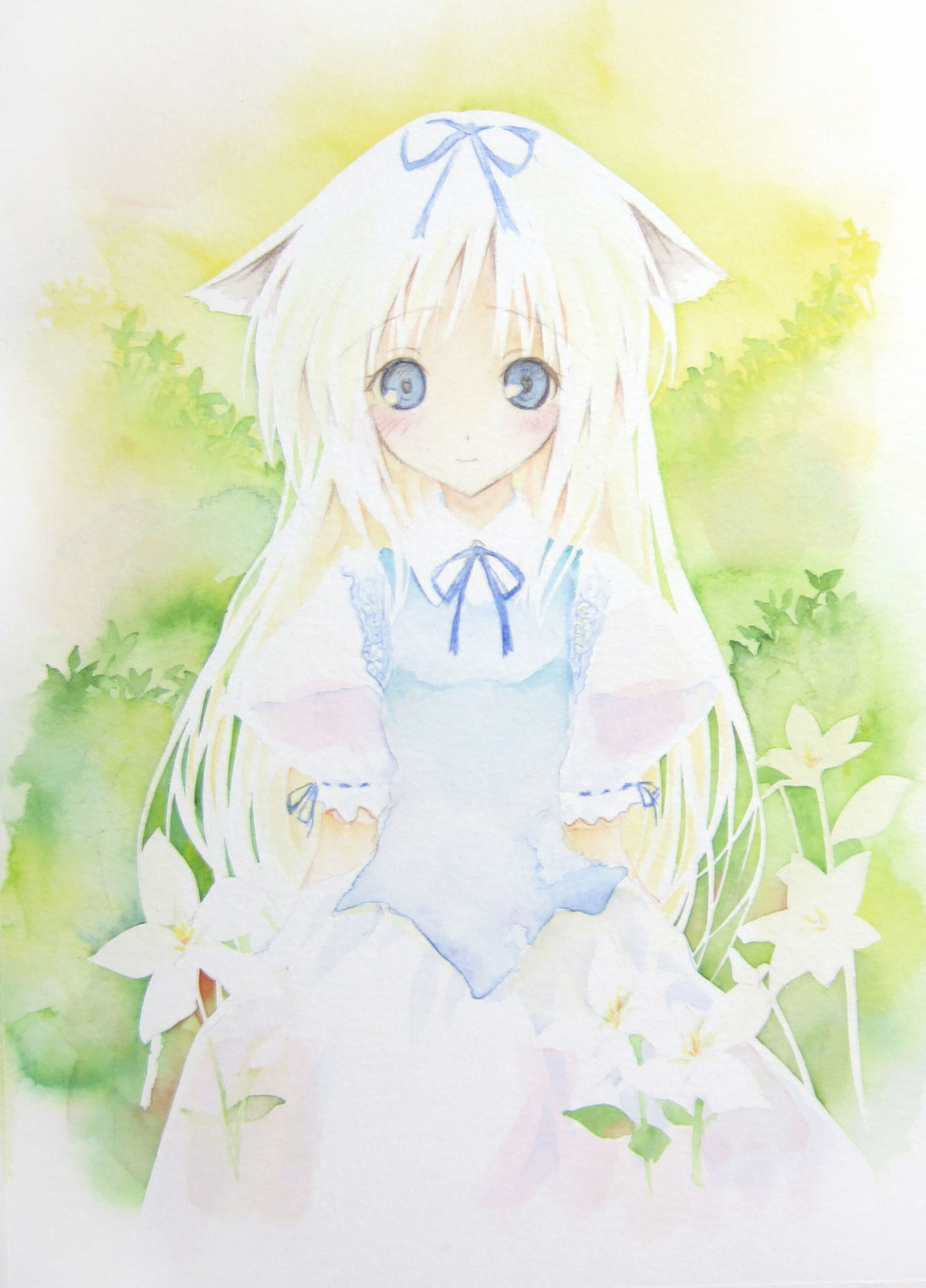 saeki touma, original, highres, painting (medium), traditional media, watercolor (medium), 1girl, animal ears, blonde hair, blue eyes, blush, cat ears, female focus, flower, hair ribbon, light smile, long hair, portrait, ribbon, solo