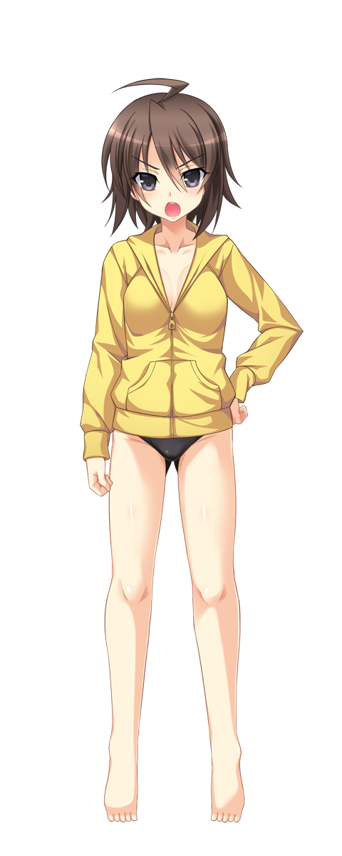 aoi masami, amagi nao, ts magical girl nao, game cg, highres, non-web source, official art, variant set, 1girl, ahoge, barefoot, bikini, bikini bottom only, black eyes, breasts, brown eyes, brown hair, cleavage, collarbone, full body, genderswap, genderswap (mtf), gluteal fold, hand on own hip, hood, hooded jacket, hoodie, jacket, looking at viewer, medium breasts, open mouth, partially unzipped, short hair, solo, standing, swimsuit, transparent background, v-shaped eyebrows