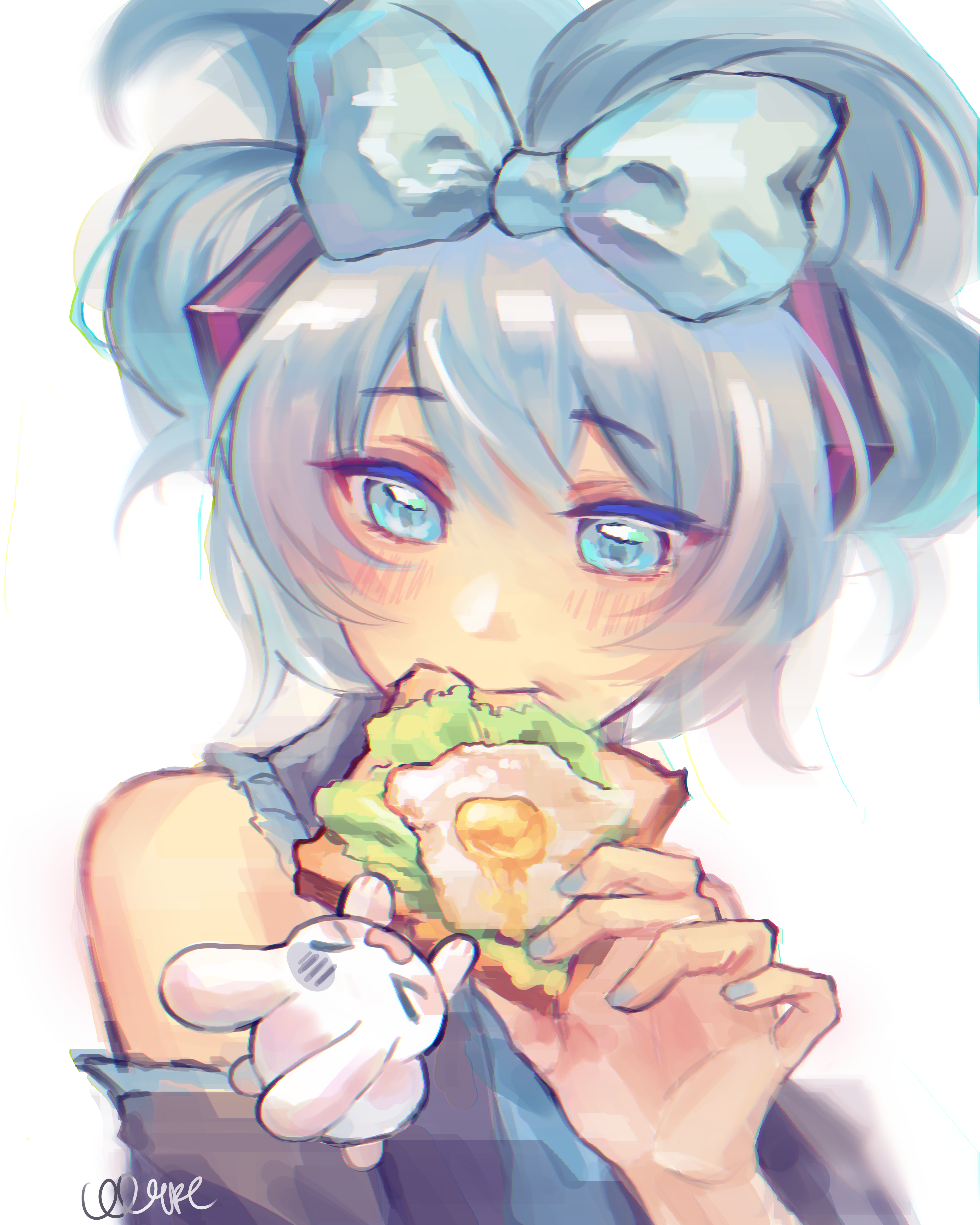 cinnamoroll, hatsune miku, vocaloid, absurdres, highres, > <, 1girl, blue eyes, blue hair, blush, bow, cece (cl4pl), detached sleeves, eating, food, hair tie, hair up, hand up, holding, long hair, necktie, rabbit, rabbit ears, simple background, white background